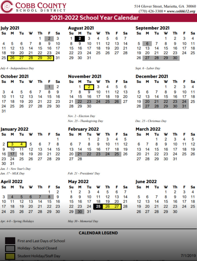 Cobb County 2022 Calendar Calendar – Sprayberry Foundation
